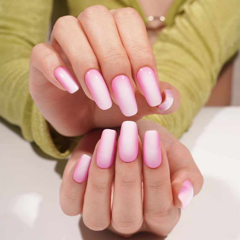 Stickers ongles gel Lorina dégradé rose et blanc avec finition brillante effet halo