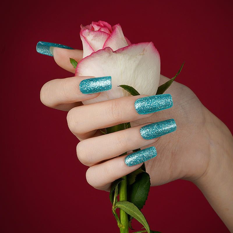 Stickers ongle gel turquoise pailleté effet sable scintillant