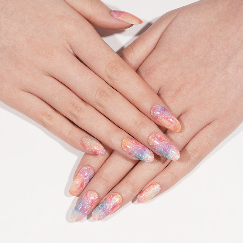 Stickers ongles gel effet sable pailleté multicolore aux teintes pastel fondues façon tornade artistique