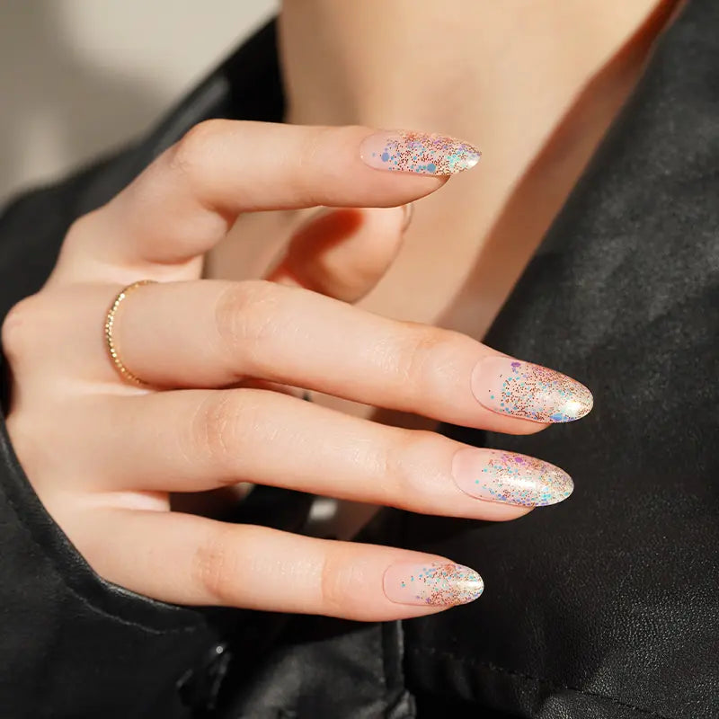 Stickers ongles en gel Beiluna Geeli House avec paillettes bleues et dorées sur base transparente